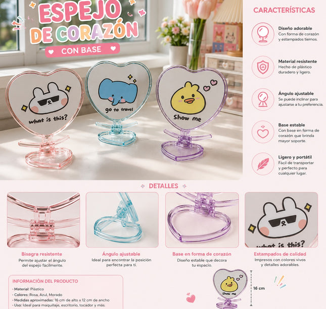 6 Espejo Corazón con Base Conejitos $26.9 c/u