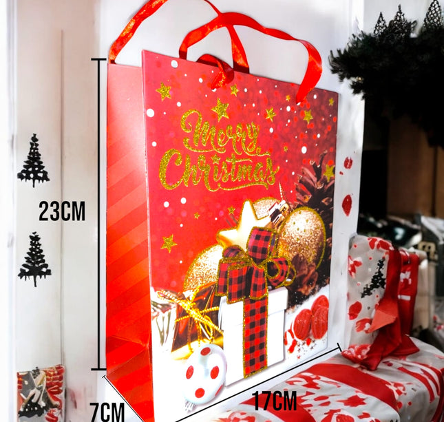 12 Bolsas Chicas Navideñas 18 cm x 22 cm Blancas/rojas Diamantinas $10.5 c/u