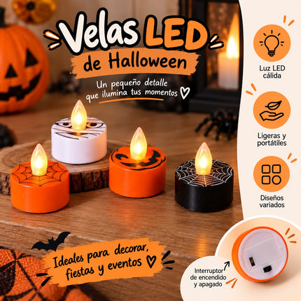 24 Velitas Halloween Led, Calabacitas/Fantasmas/Telaraña $5.9 c/u