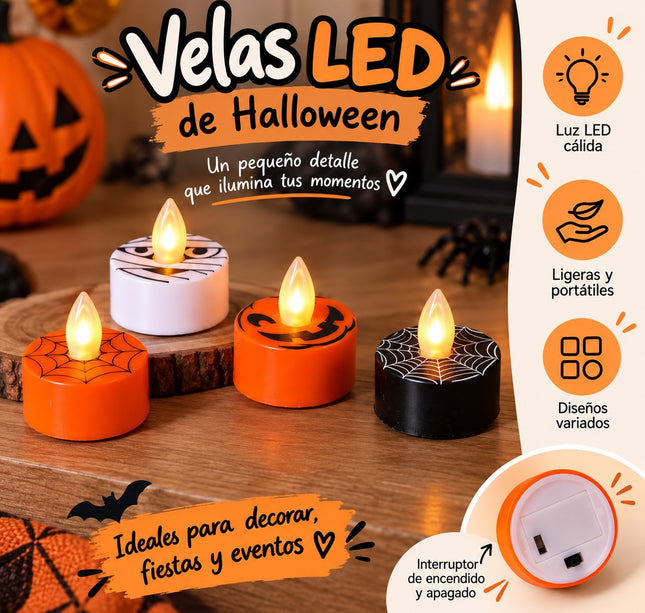 24 Velitas Halloween Led, Calabacitas/Fantasmas/Telaraña $5.9 c/u