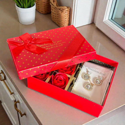Caja de Rosas y Set de Joyeria Acero Inoxidable, con Bolsa de Regalo Incluida "San Valentin"