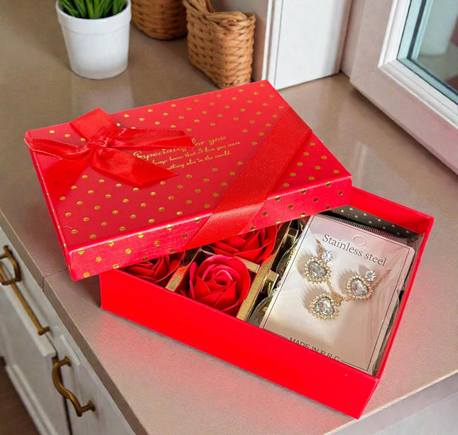 Caja de Rosas y Set de Joyeria Acero Inoxidable, con Bolsa de Regalo Incluida "San Valentin"