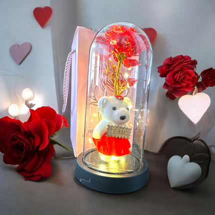 2 Flor Eterna con Luz y Oso "Te Amo" $145 c/u