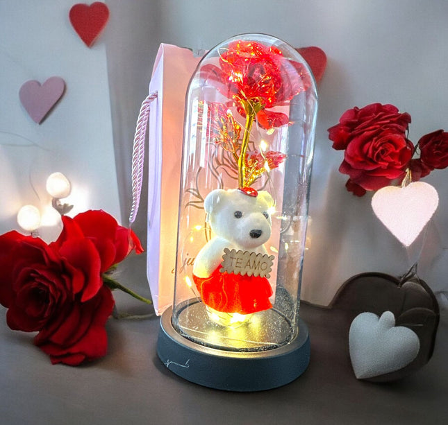 2 Flor Eterna con Luz y Oso "Te Amo" $145 c/u