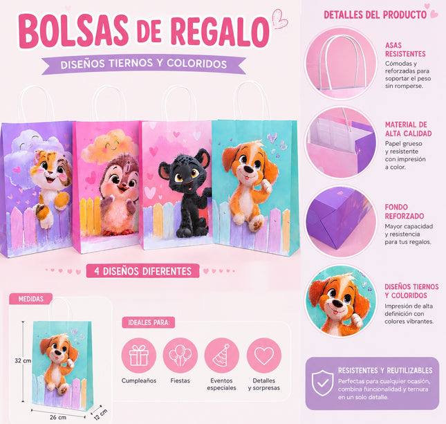 12 Bolsas Mascotas Papel Grandes para Regalo $7.95 c/u