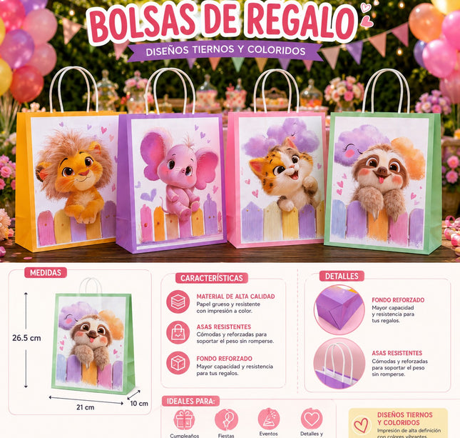 12 Bolsas Mascotas Papel Medianas para Regalo $6.9 c/u