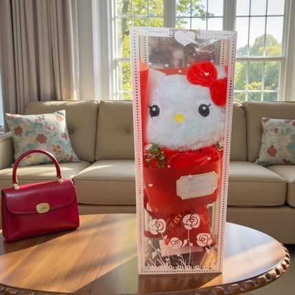 Ramo de una Rosa y Kitty de Peluche en Caja de Regalo