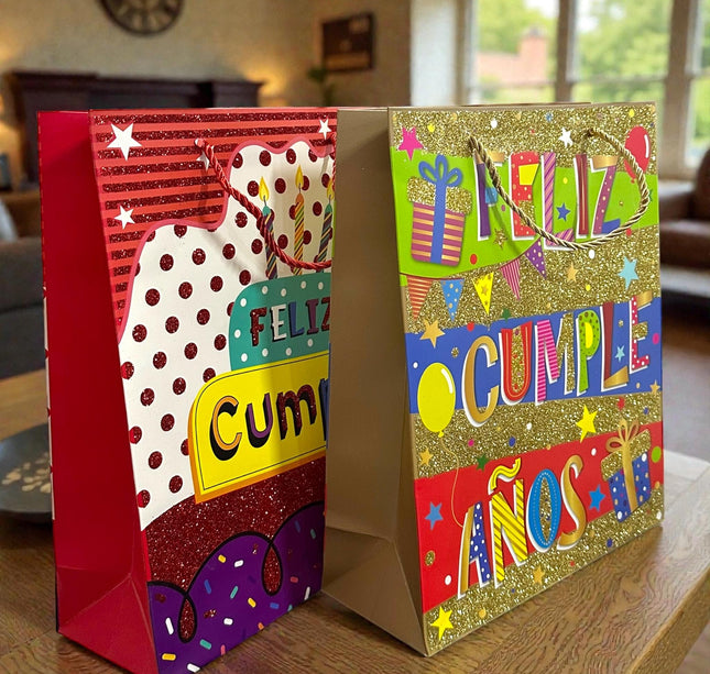 12 Bolsas para Regalo Maxi "Feliz Cumpleaños" Diamantadas $16.5 c/u