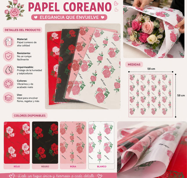 20 Papel Coreano Rosas Estampadas Colores $3.49 c/u