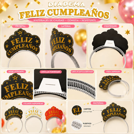 Paquete con 6 Diademas Feliz Cumpleaños