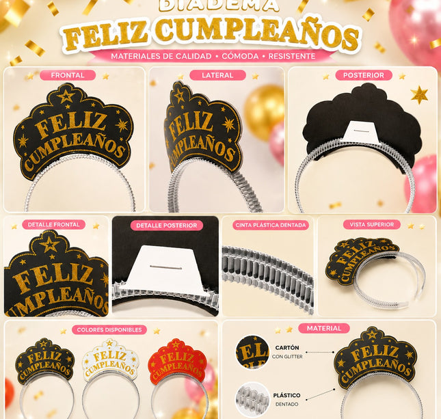 Paquete con 6 Diademas Feliz Cumpleaños
