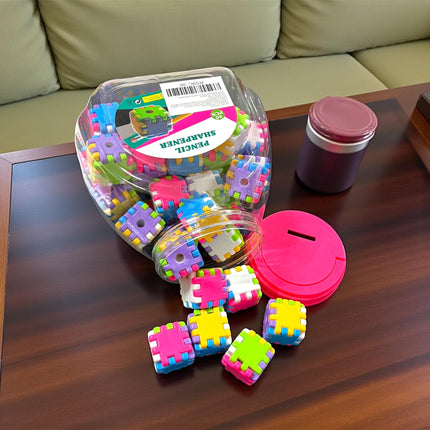 Bote Alcancia con 40 Cubos Sacapuntas para Armar $4.5 c/u
