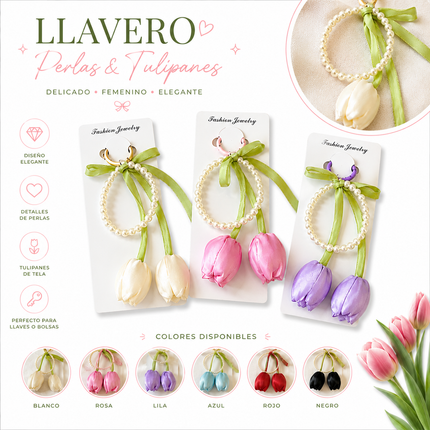 12 Llaveros con Tulipán Satin y Perlas $12.5 c/u