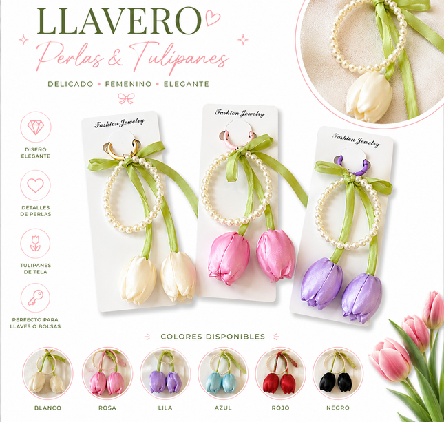 12 Llaveros con Tulipán Satin y Perlas $12.5 c/u