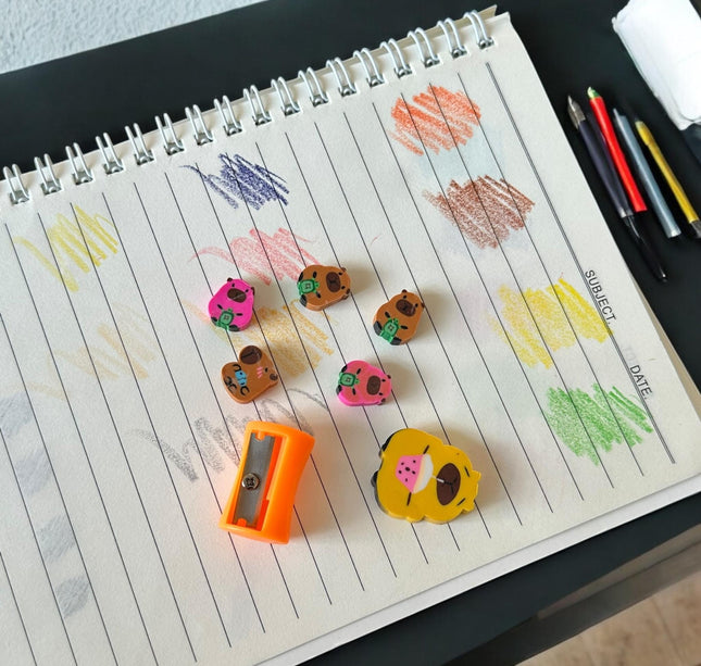 12 Sets de Papeleria Gomas y Sacapuntas $4.95 c/u