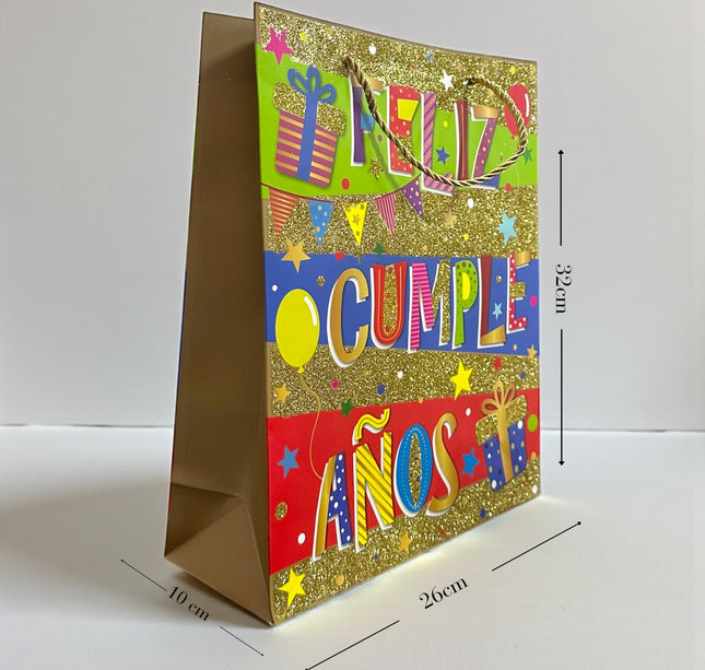 12 Bolsas para Regalo Maxi "Feliz Cumpleaños" Diamantadas $16.5 c/u