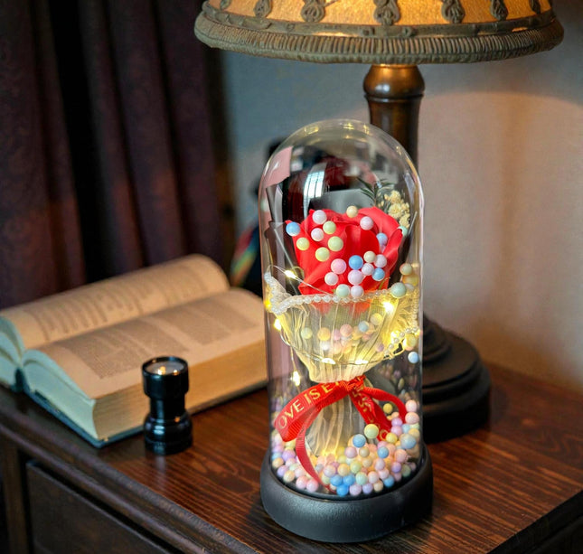 Rosa Encapsulada con Luces y  Bolitas de Colores