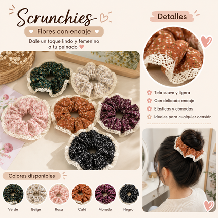12 Scunchie Coletero Vintage Hermoso Flores y Bordado $9.5 c/u