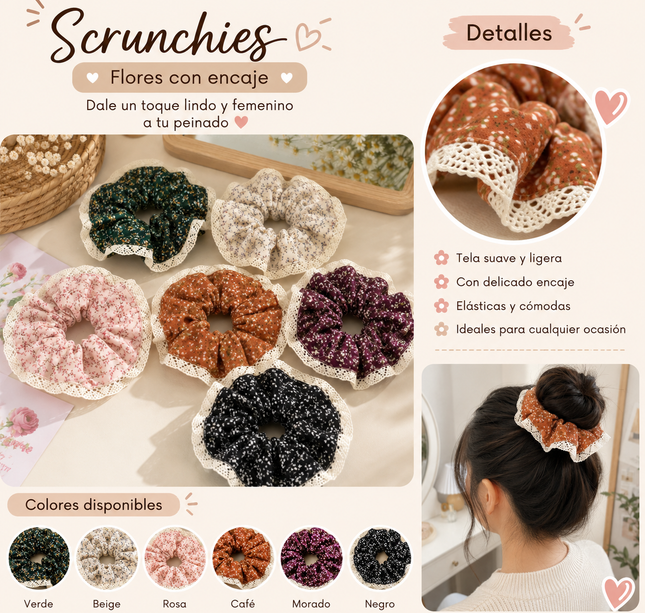 12 Scunchie Coletero Vintage Hermoso Flores y Bordado $9.5 c/u