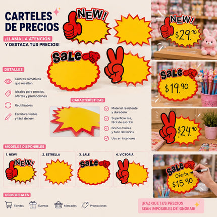 12 Sets de 10 Carteles para Precios/Rebajas Figuras $15 c/u