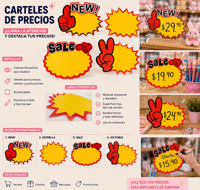 12 Sets de 10 Carteles para Precios/Rebajas Figuras $15 c/u