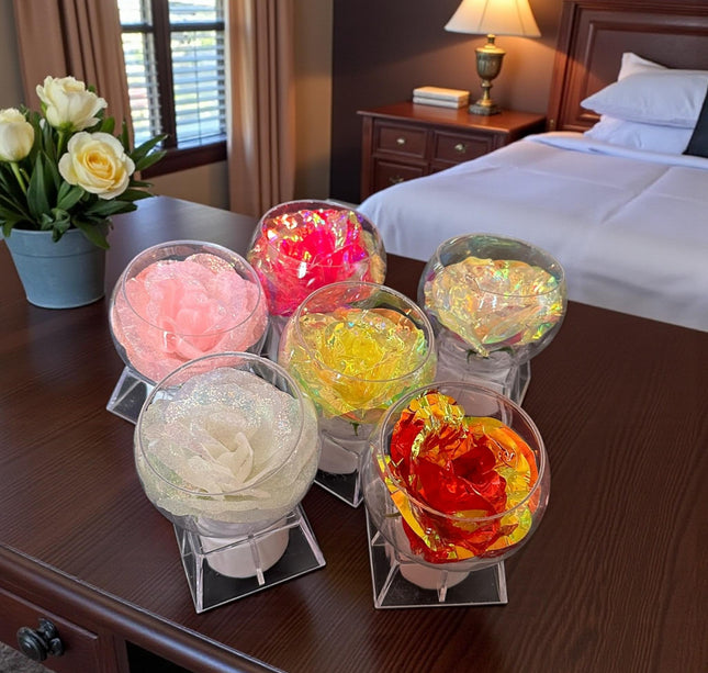 12 Rosa Eterna con Base y Luz Chica $27 c/u