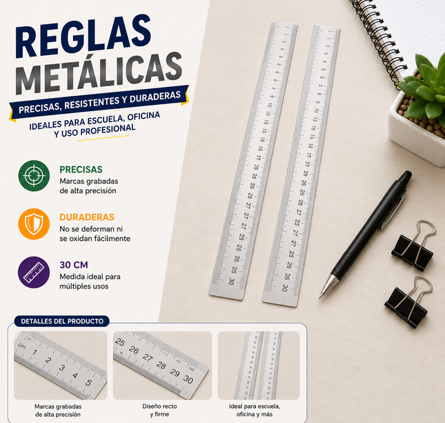 12 Regla Metalica Escolar $10 c/u