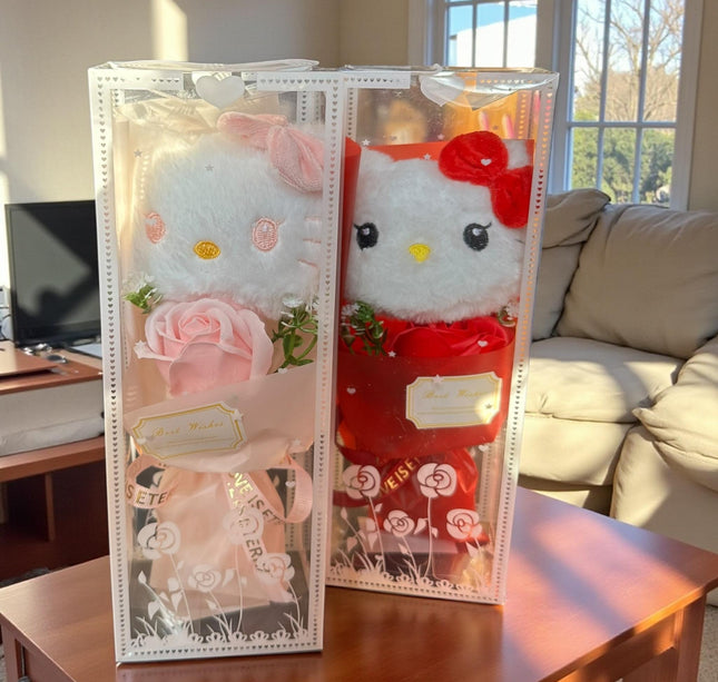 Ramo de una Rosa y Kitty de Peluche en Caja de Regalo