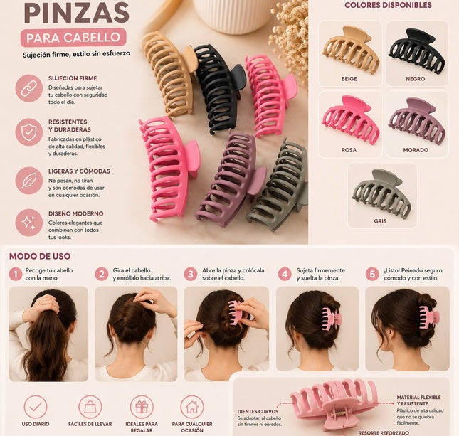 12 Pinzas para Cabello Grandes Matte $11.9 c/u