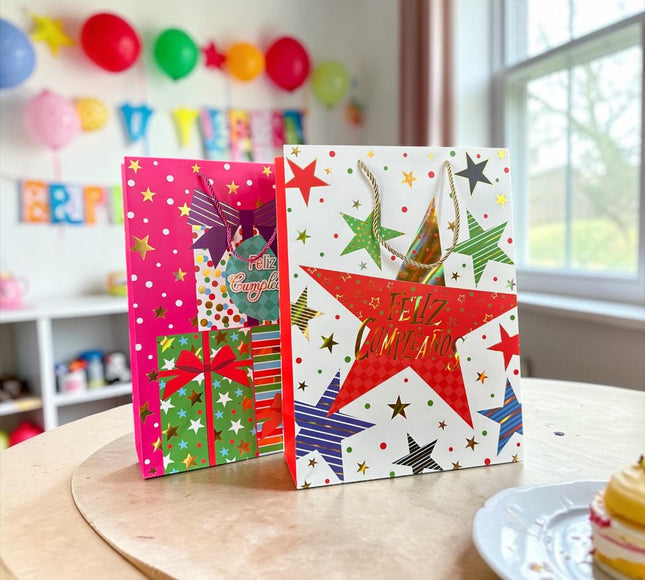 12 Bolsas de Regalo Grandes con Estampado Punteadas $16.5 c/u