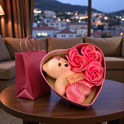 Caja Corazón Metalica con Osito y 3 Rosas de Jabón
