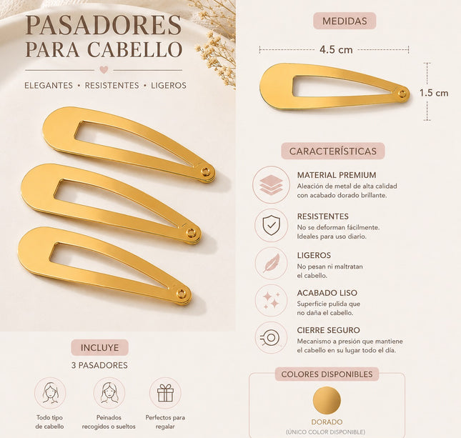 12 Sets de 3 Cucas Clasicas Doradas para Cabello $6.5 c/u