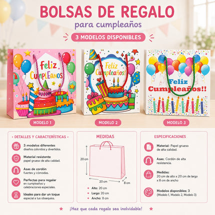 Exclusivo Tienda en linea 💥💎 12 Bolsas para Regalo "Feliz Cumpleaños" Hermosa $7.5 c/u