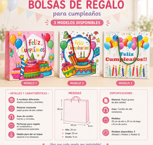 Exclusivo Tienda en linea 💥💎 12 Bolsas para Regalo "Feliz Cumpleaños" Hermosa $7.5 c/u