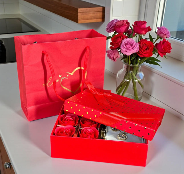 Caja de Rosas y Set de Joyeria Acero Inoxidable, con Bolsa de Regalo Incluida "San Valentin"