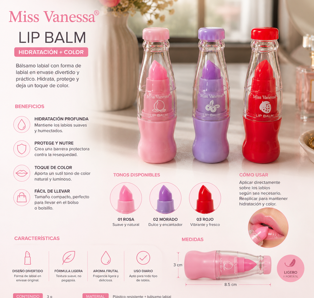 24 Balsamo para Labios Refesco "Miss Vanessa" $13.2 c/u