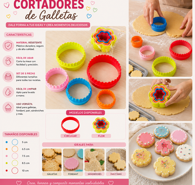Exclusivo Tienda en linea 💥💎5 Sets de5 Cortadores Tamaños para Galletas Circular/Flor $16 c/u