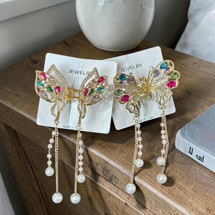6 Pinzas Mariposas Premium con Pedreria y Perlas $22 c/u