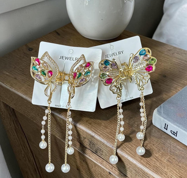 6 Pinzas Mariposas Premium con Pedreria y Perlas $22 c/u