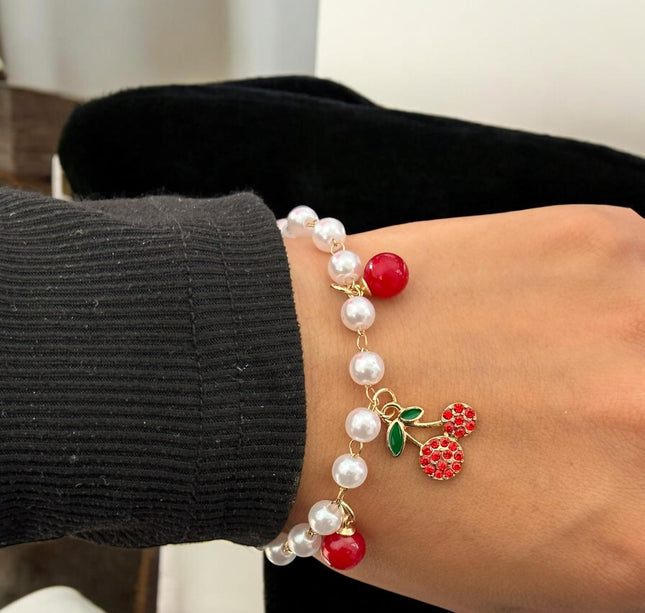 12 Pulseras Cherry con Dije, Perlas $12 c/u