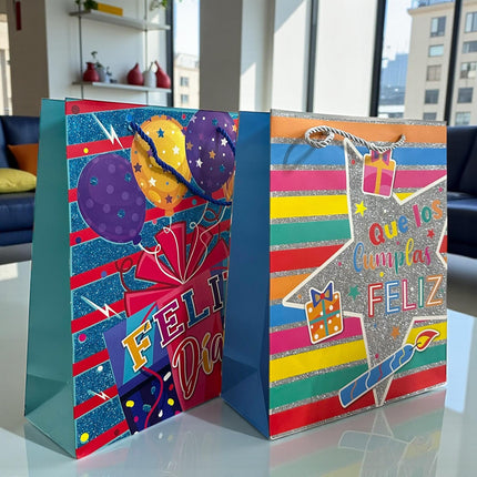 12 Bolsas para Regalo Maxi "Feliz Cumpleaños" Diamantadas $16.5 c/u