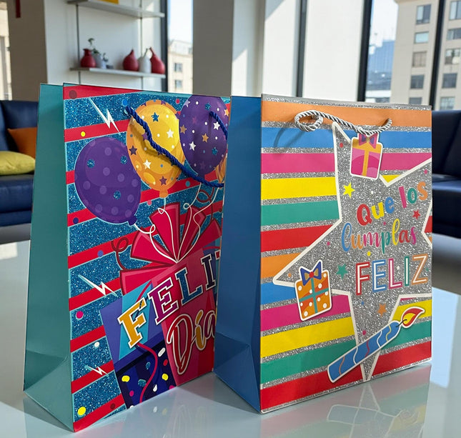 12 Bolsas para Regalo Maxi "Feliz Cumpleaños" Diamantadas $16.5 c/u