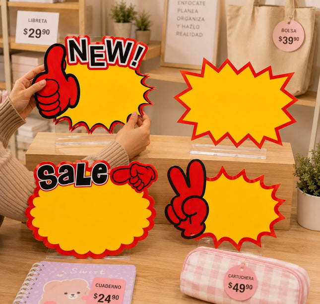 12 Sets de 10 Carteles para Precios/Rebajas Figuras $15 c/u