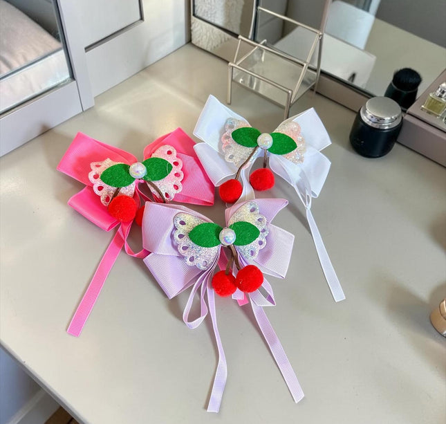 12 Moños Cerezas Dobles con Perla $6 c/u