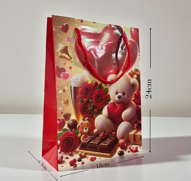 12 Bolsas para Regalo Ositos Corazones "San Valentin" $5.9 c/u