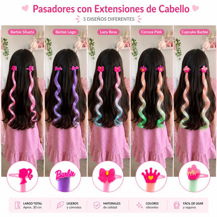 12 Pasadores con Extensiones Barbie Colores, Diferentes Diseños 12.6 c/u