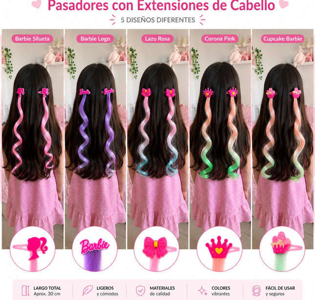 12 Pasadores con Extensiones Barbie Colores, Diferentes Diseños 12.6 c/u