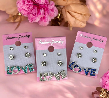 12 Sets de 3 Pares de Aretes Love $7.8 c/u