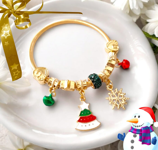 12 Pulseras tipo pandora Dije Navideño Doradas $13.9 c/u