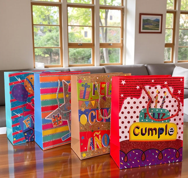 12 Bolsas para Regalo Diamantadas "Feliz Cumpleaños" $11.3 c/u